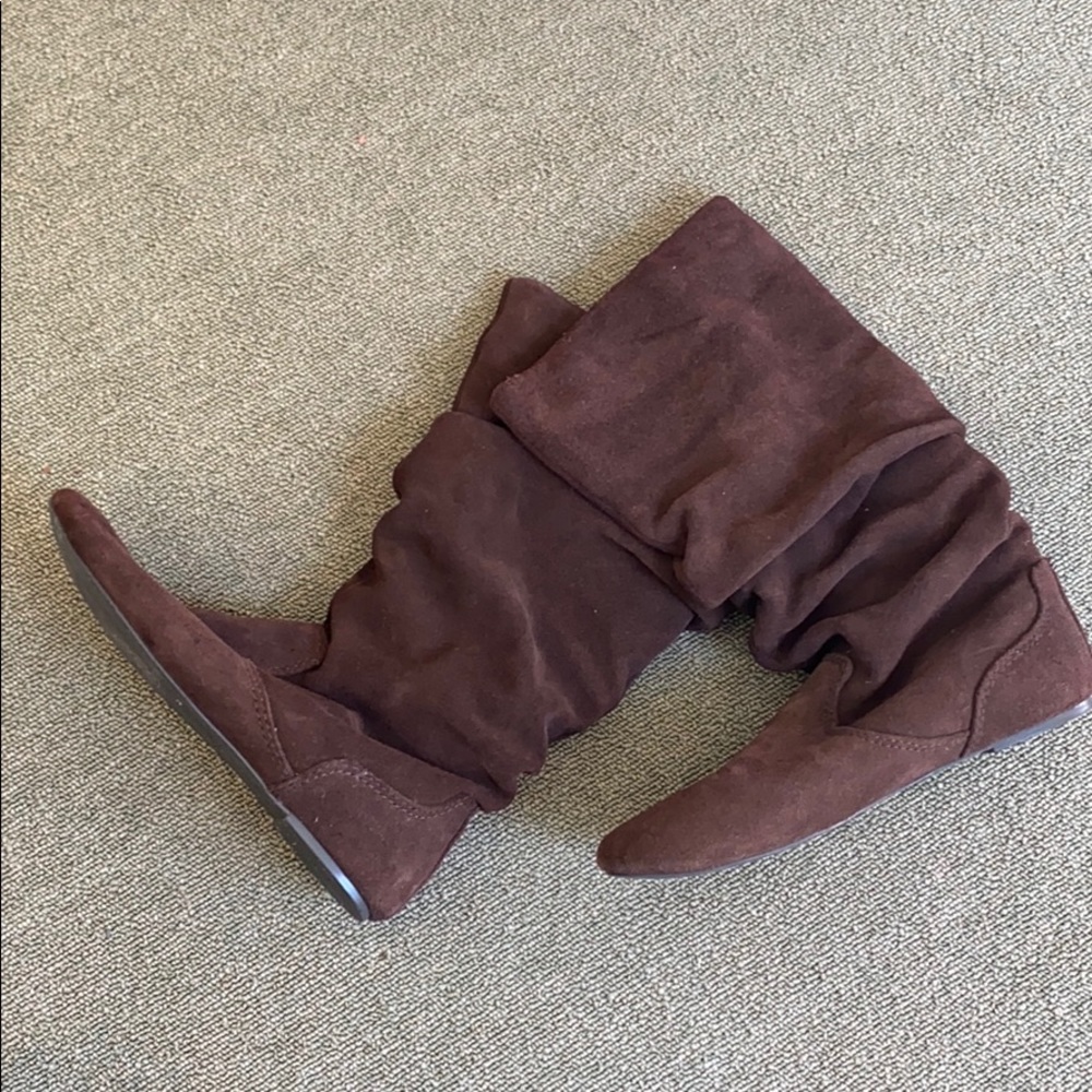 Brown suede mid calf boots